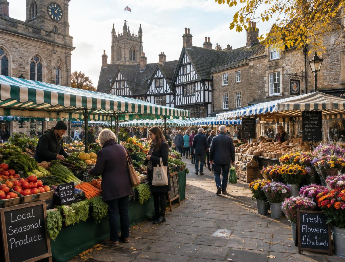 Busy market stalls in a historic town square